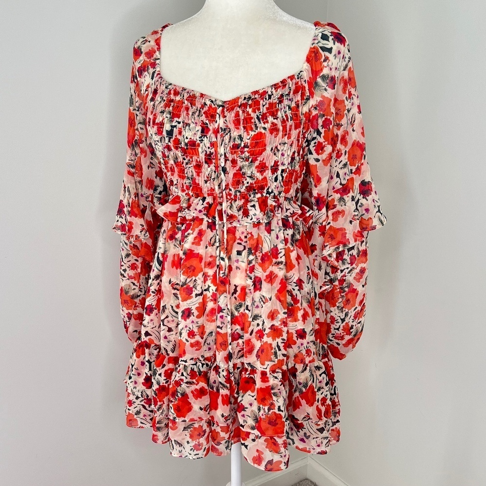 MISA Los Angeles Asra Red Floral Puff Sleeve Dress S